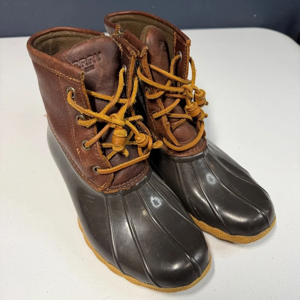 Sperry Saltwater Duck Boots 6 Brown‎ Leather Waterproof Side Zip STS91176